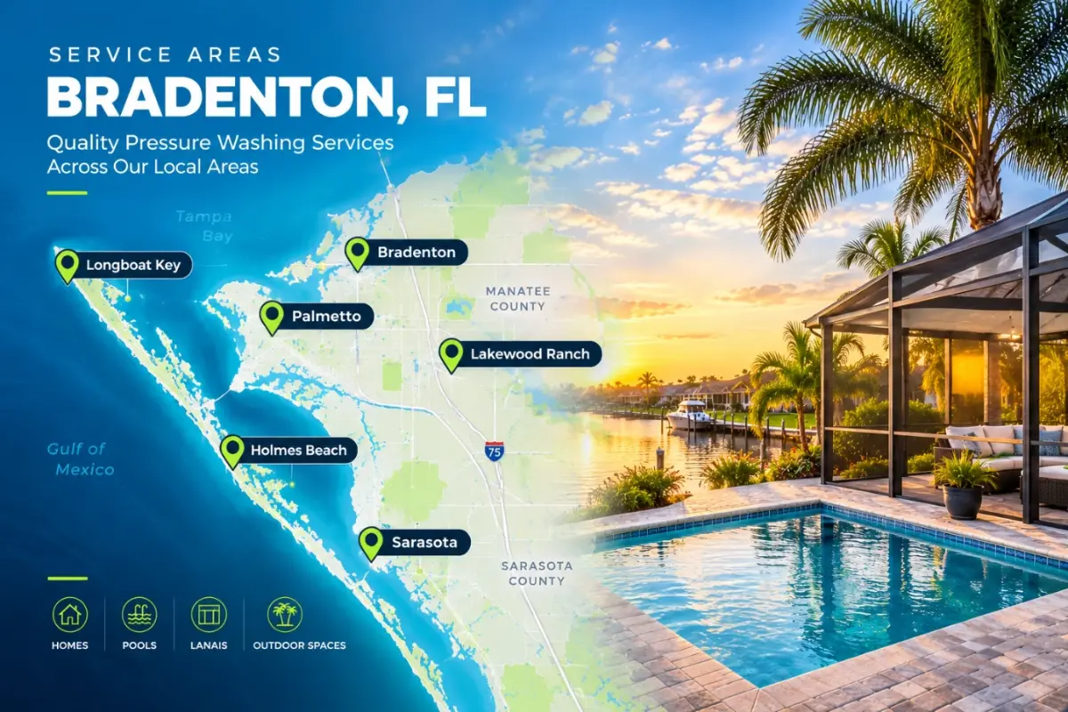 Illustrative map of the Bradenton, Florida area with service-area pins and a screened pool lanai