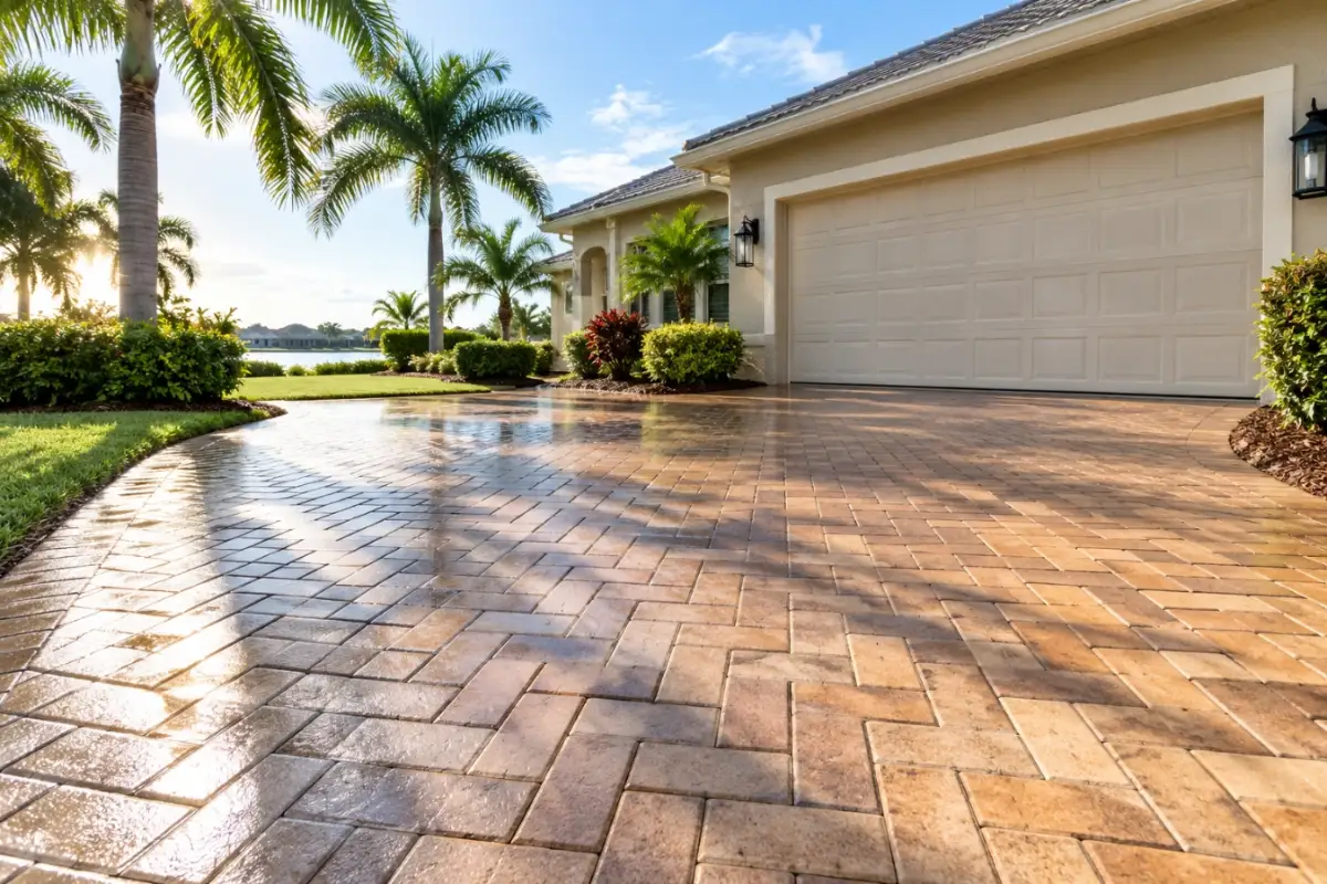 Clean paver driveway at a Florida home with palm trees in warm sunlight