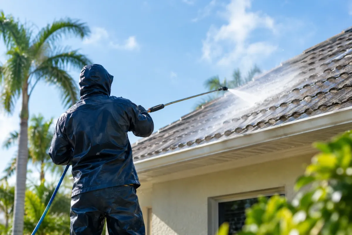 Technician cleaning a tile roof with a long wand on a sunny Florida day